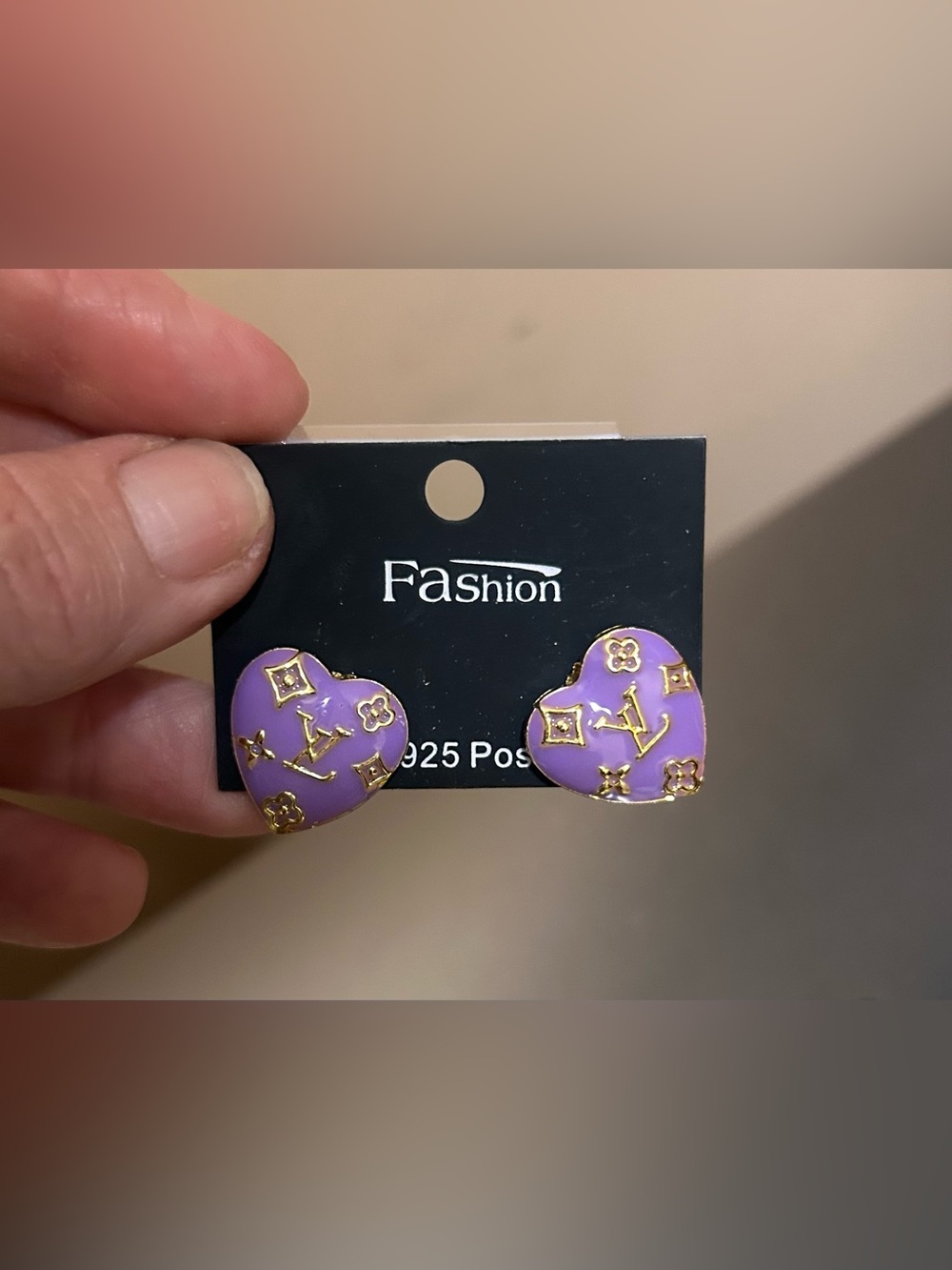 Purple Heart Stud Earrings with Gold Accents - Picture 3 of 5